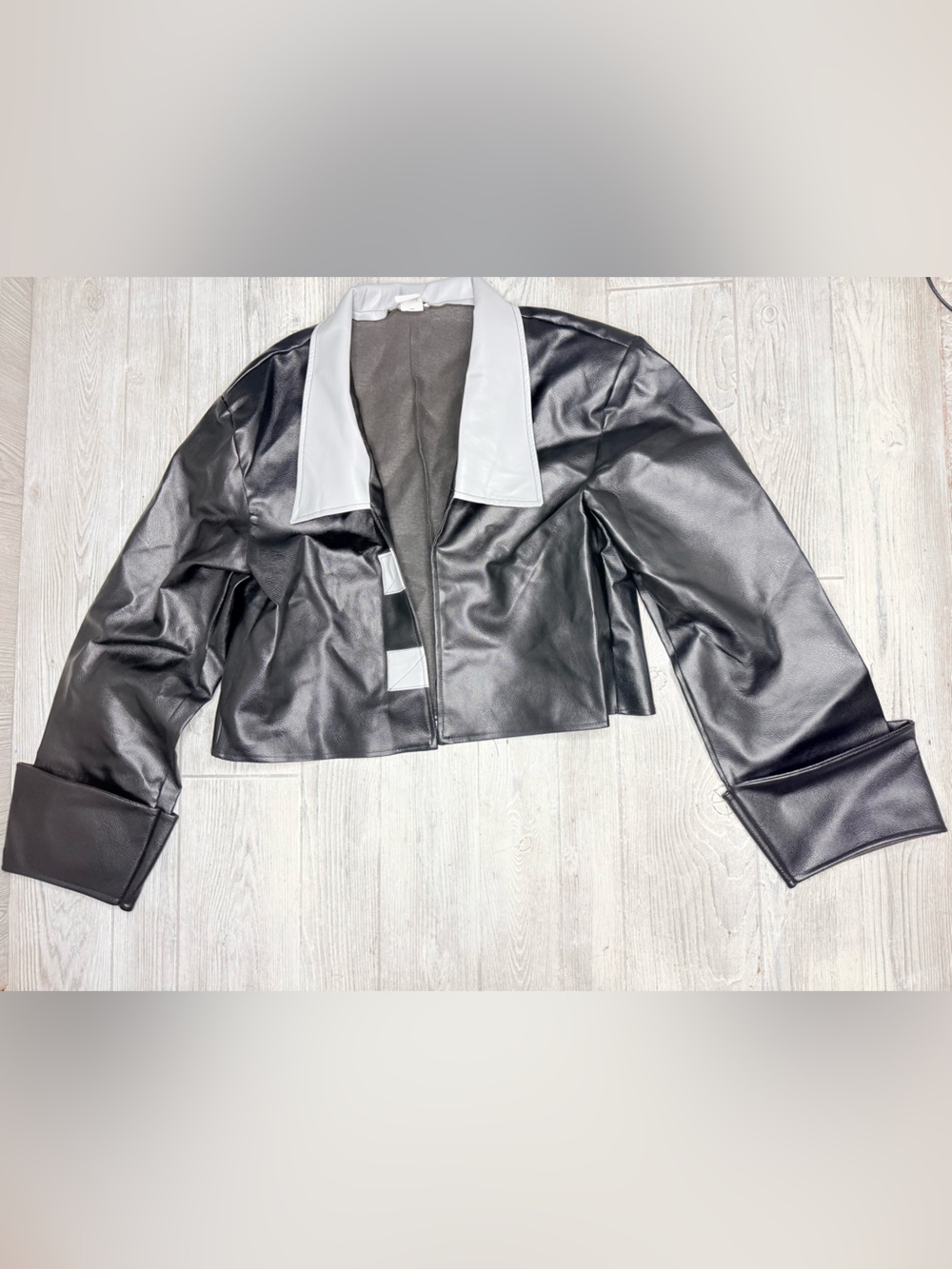 Disney jacket black and grey long oversized sleeve cropped vegan leathrr coat xl